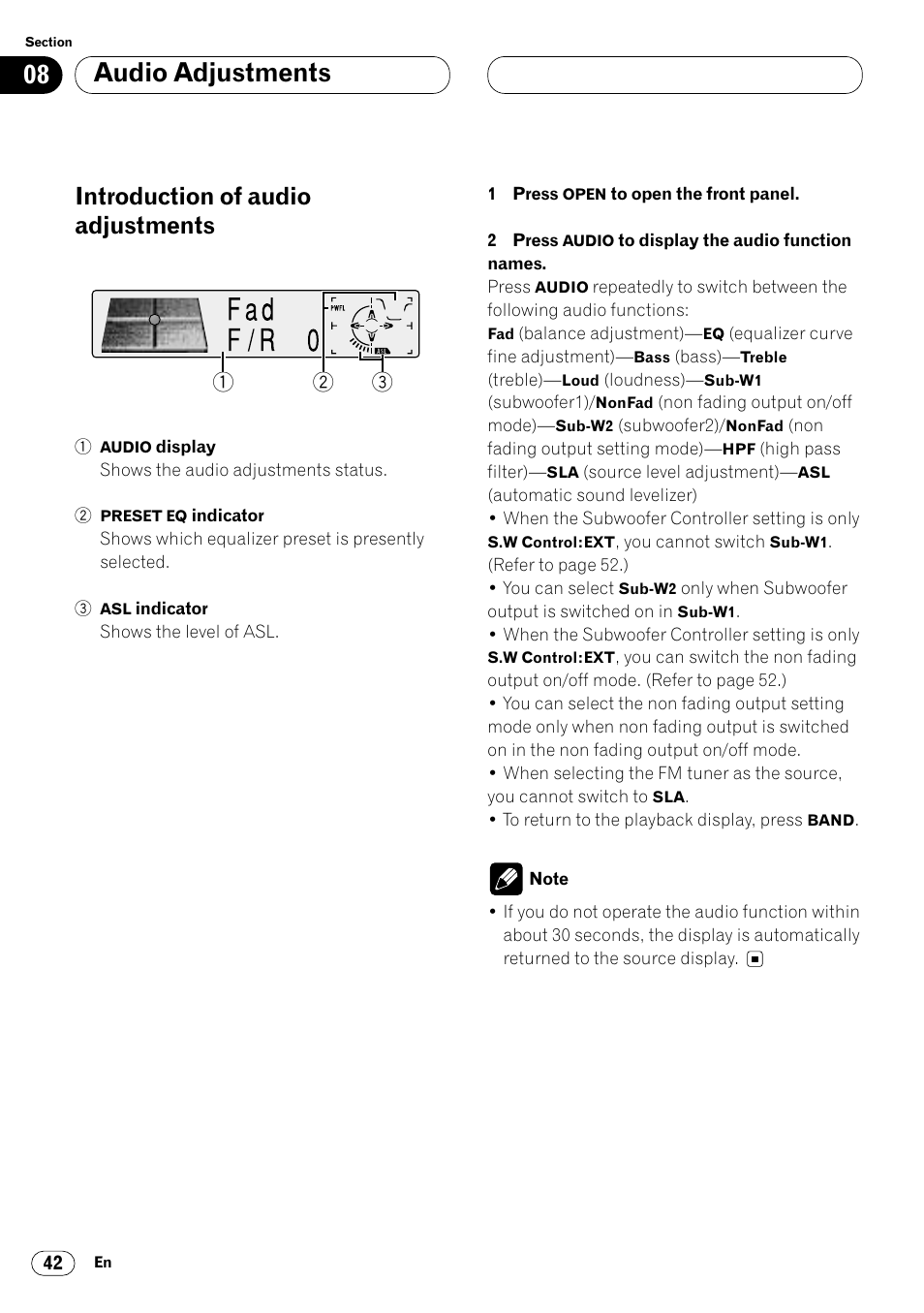 Introduction of audio adjustments 42, Audio adjustments, Introduction of audio adjustments | Pioneer DEH-P8400MP User Manual | Page 42 / 132