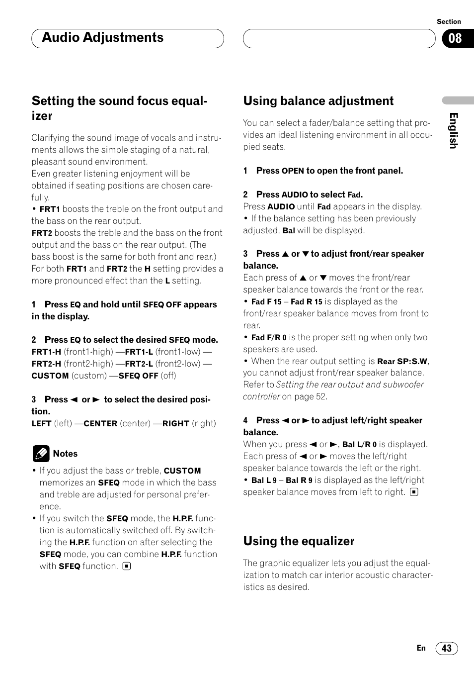 Audio adjustments, Setting the sound focus equal- izer, Using balance adjustment | Using the equalizer | Pioneer DEH-P8400MP User Manual | Page 43 / 132