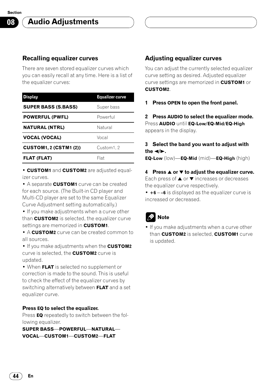 Audio adjustments, Recalling equalizer curves, Adjusting equalizer curves | Pioneer DEH-P8400MP User Manual | Page 44 / 132