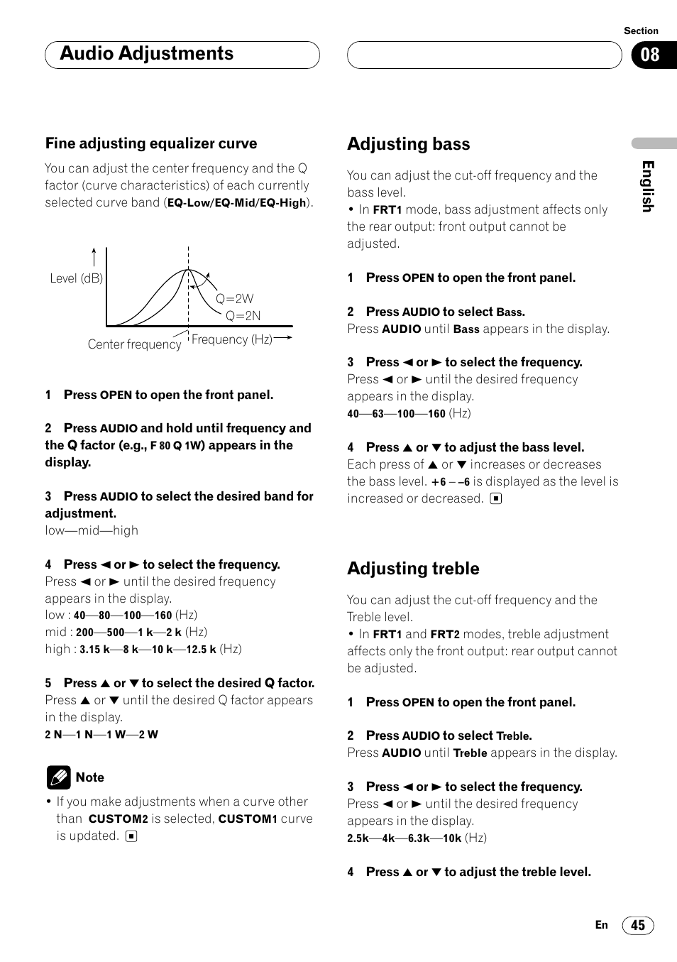 Fine adjusting equalizer curve 45, Adjusting bass 45 adjusting treble 45, Audio adjustments | Adjusting bass, Adjusting treble, Fine adjusting equalizer curve | Pioneer DEH-P8400MP User Manual | Page 45 / 132