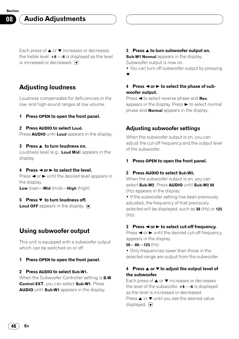 Adjusting loudness 46 using subwoofer output 46, Adjusting subwoofer settings 46, Audio adjustments | Adjusting loudness, Using subwoofer output, Adjusting subwoofer settings | Pioneer DEH-P8400MP User Manual | Page 46 / 132