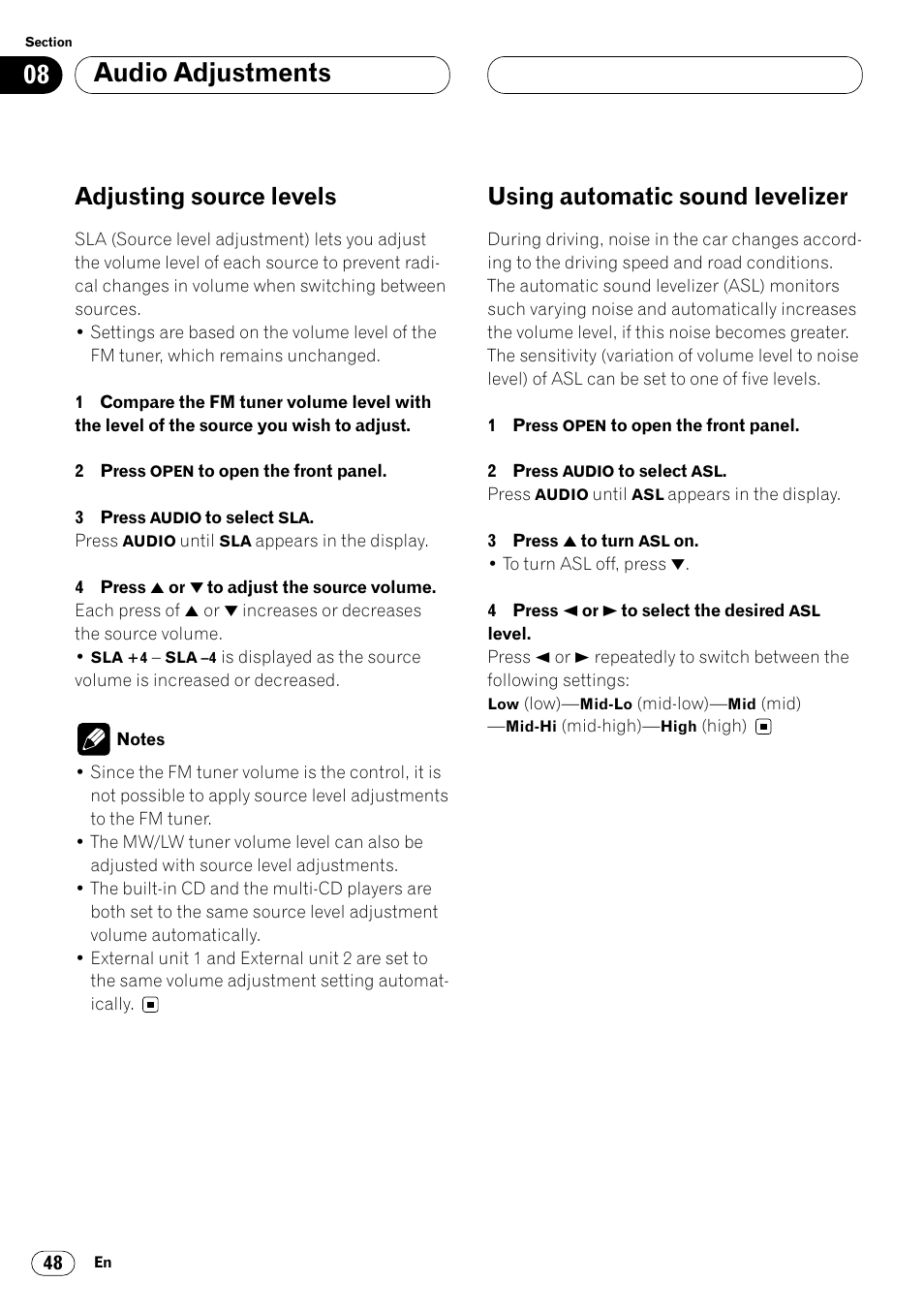 Audio adjustments, Adjusting source levels, Using automatic sound levelizer | Pioneer DEH-P8400MP User Manual | Page 48 / 132
