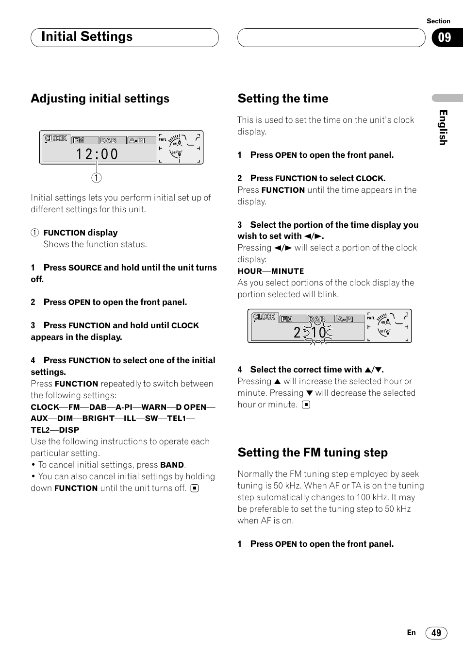 Initial settings, Adjusting initial settings, Setting the time | Setting the fm tuning step | Pioneer DEH-P8400MP User Manual | Page 49 / 132