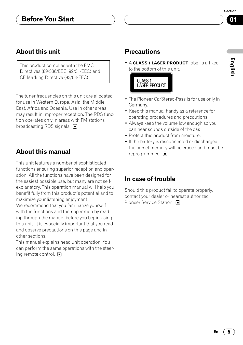 Before you start, About this unit, About this manual | Precautions | Pioneer DEH-P8400MP User Manual | Page 5 / 132