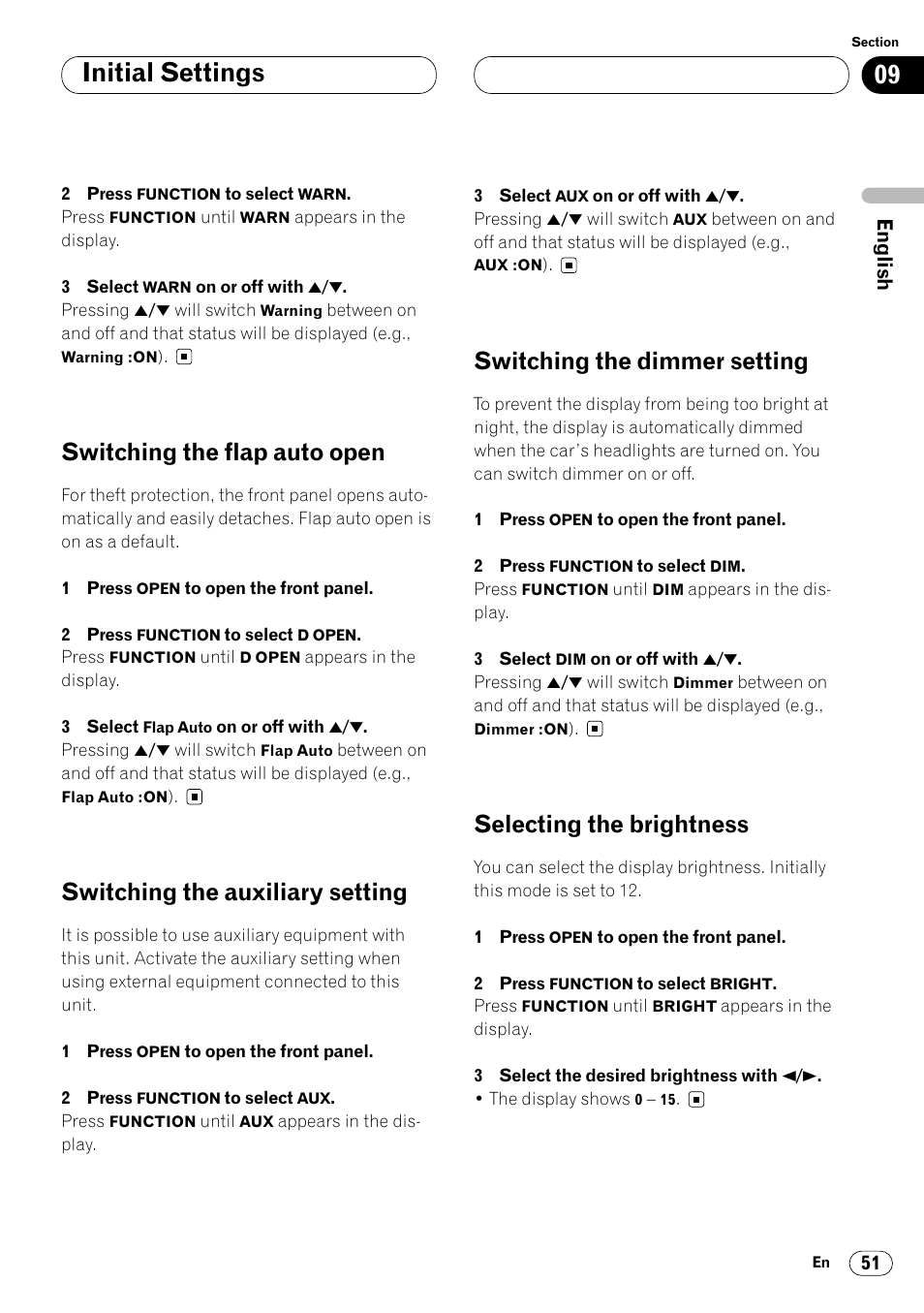 Initial settings, Switching the flap auto open, Switching the auxiliary setting | Switching the dimmer setting, Selecting the brightness | Pioneer DEH-P8400MP User Manual | Page 51 / 132