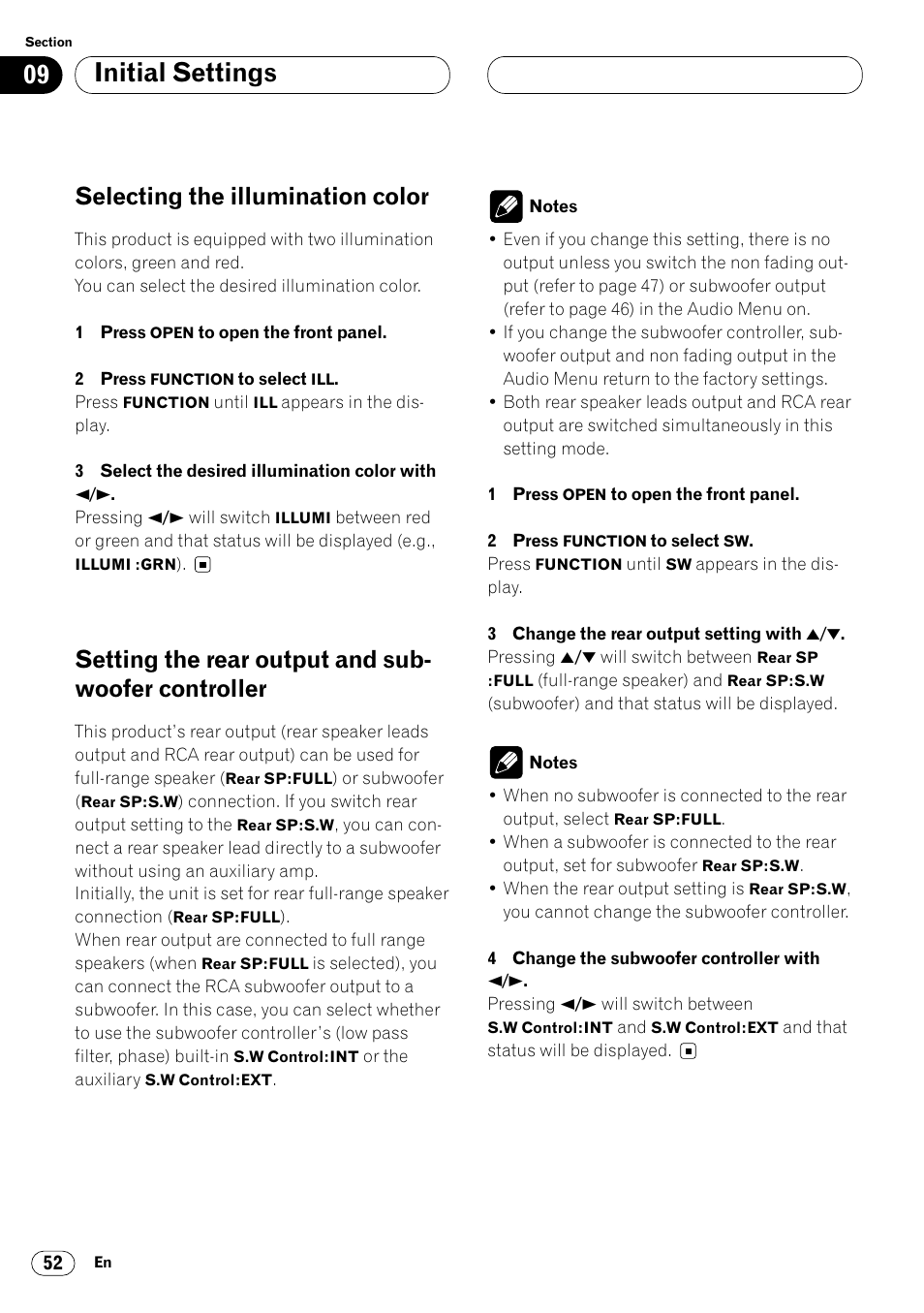 Subwoofer controller 52, Initial settings, Selecting the illumination color | Setting the rear output and sub- woofer controller | Pioneer DEH-P8400MP User Manual | Page 52 / 132