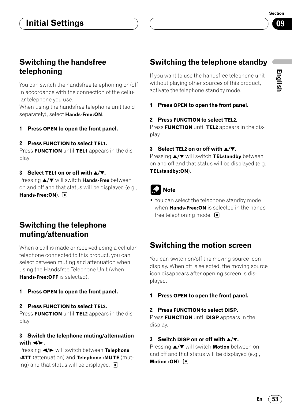 Attenuation 53, Initial settings, Switching the handsfree telephoning | Switching the telephone muting/attenuation, Switching the telephone standby, Switching the motion screen | Pioneer DEH-P8400MP User Manual | Page 53 / 132