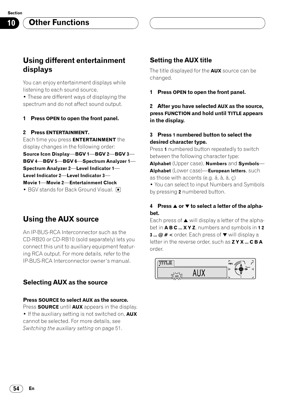 Other functions, Using different entertainment displays, Using the aux source | Selecting aux as the source, Setting the aux title | Pioneer DEH-P8400MP User Manual | Page 54 / 132