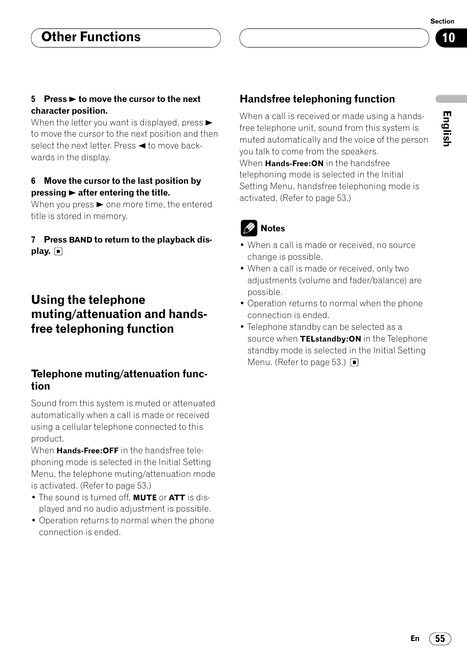 Using the telephone muting/attenuation, Function 55, Handsfree telephoning function 55 | Other functions | Pioneer DEH-P8400MP User Manual | Page 55 / 132