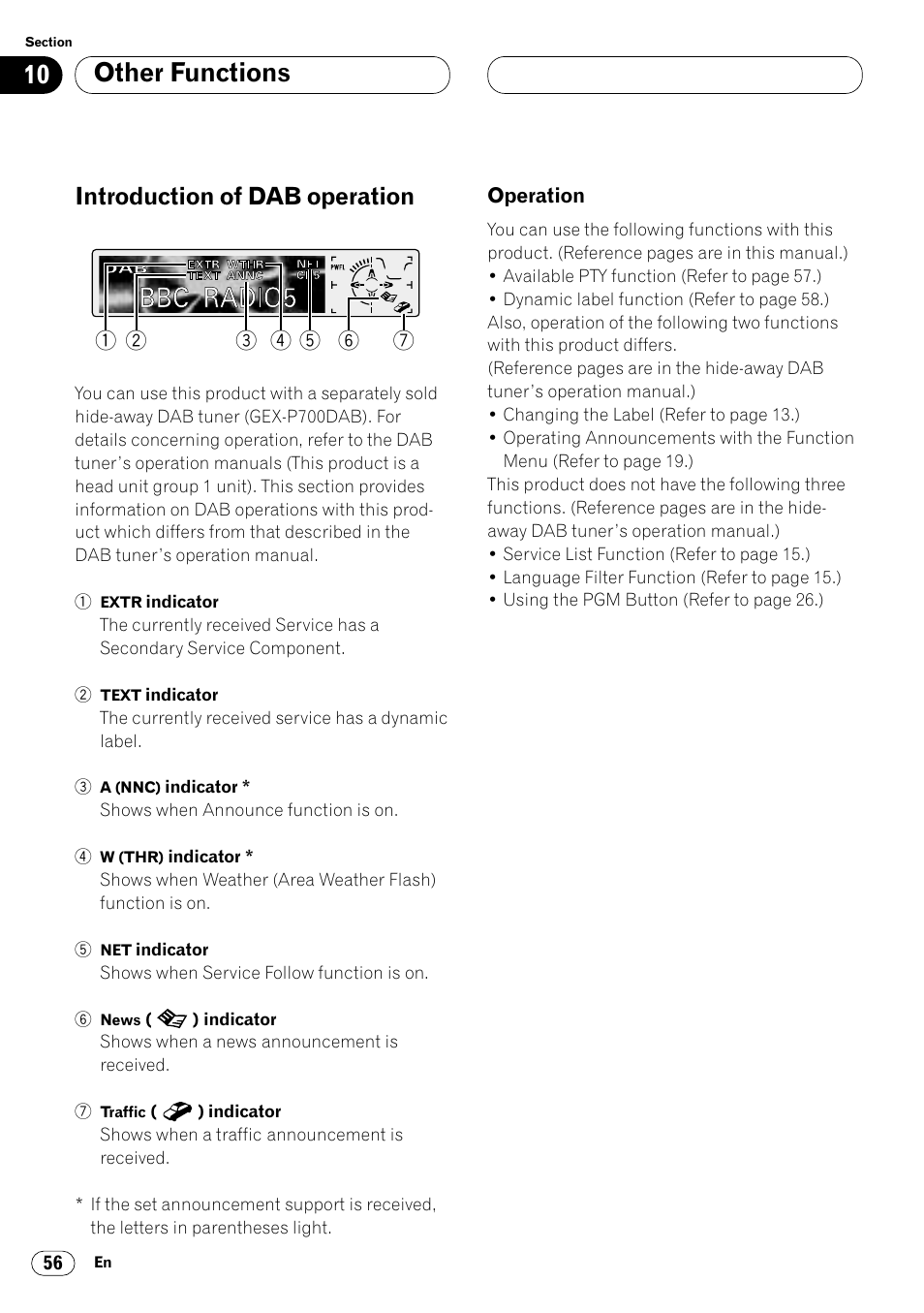 Introduction of dab operation 56, Operation 56, Other functions | Introduction of dab operation | Pioneer DEH-P8400MP User Manual | Page 56 / 132