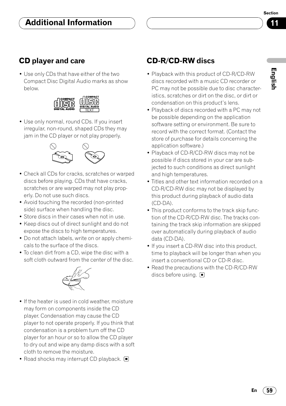 Cd player and care 59 cd-r/cd-rw discs 59, Additional information, Cd player and care | Cd-r/cd-rw discs | Pioneer DEH-P8400MP User Manual | Page 59 / 132