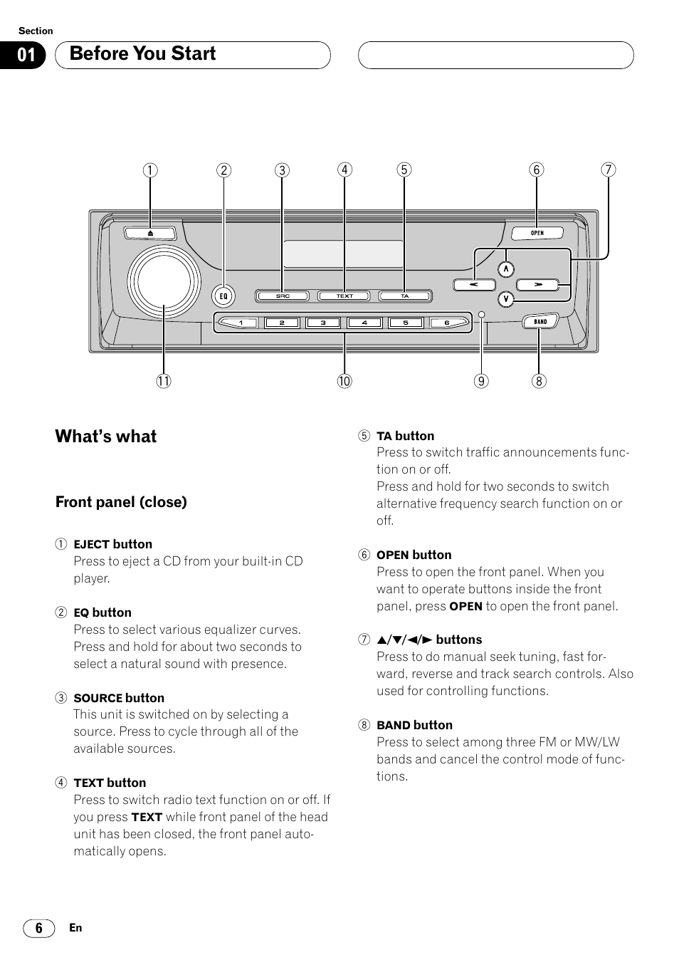 What’s what 6, Front panel (close) 6, Before you start | What’s what | Pioneer DEH-P8400MP User Manual | Page 6 / 132