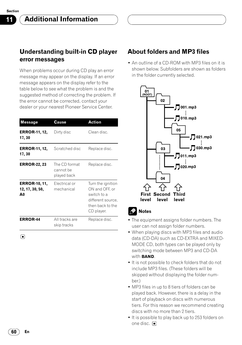 Understanding built-in cd player error, Messages 60, About folders and mp3 files 60 | Additional information, Understanding built-in cd player error messages, About folders and mp3 files | Pioneer DEH-P8400MP User Manual | Page 60 / 132