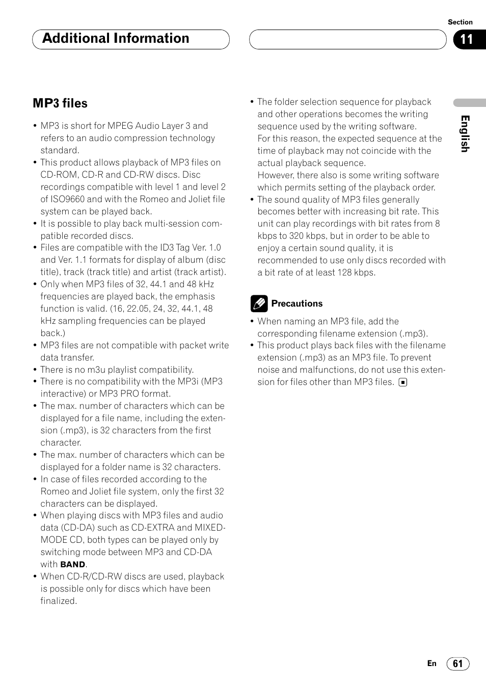 Mp3 files 61, Additional information, Mp3 files | Pioneer DEH-P8400MP User Manual | Page 61 / 132