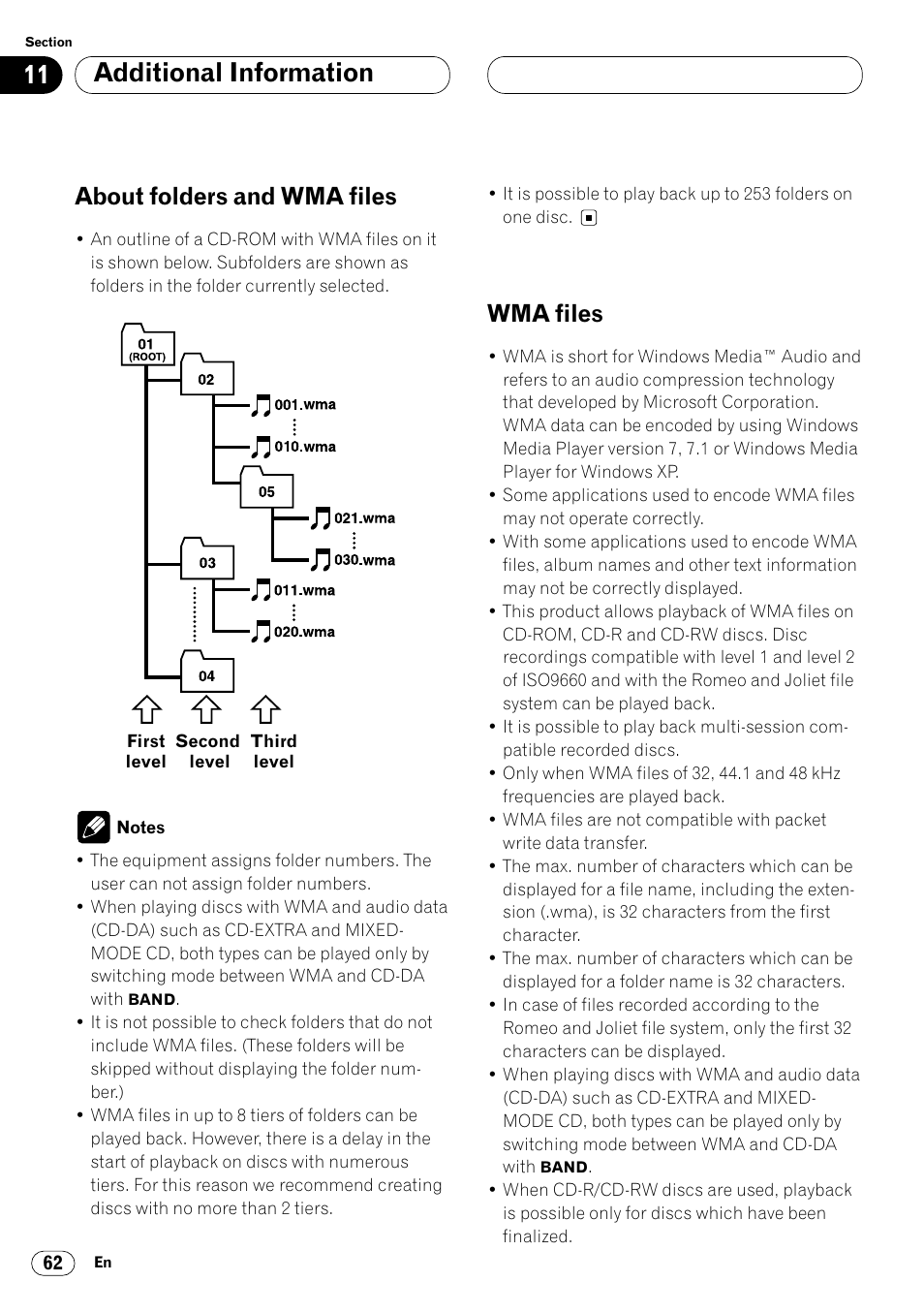 About folders and wma files 62 wma files 62, Additional information, About folders and wma files | Wma files | Pioneer DEH-P8400MP User Manual | Page 62 / 132