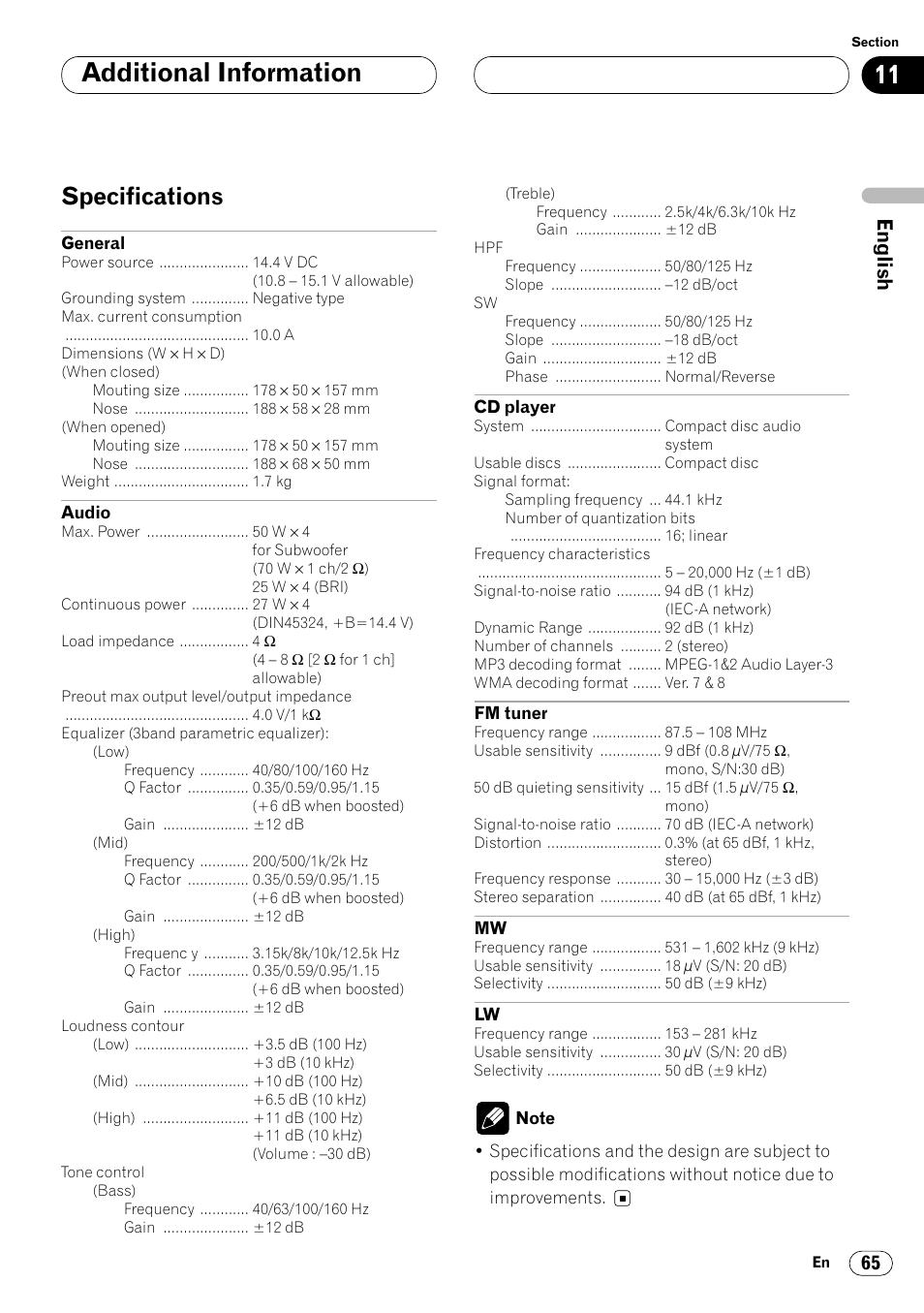 Specifications 65, Additional information, Specifications | Pioneer DEH-P8400MP User Manual | Page 65 / 132