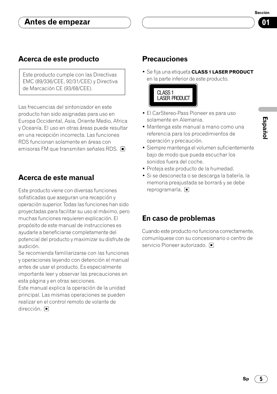 Antes de empezar, Acerca de este producto, Acerca de este manual | Precauciones, En caso de problemas | Pioneer DEH-P8400MP User Manual | Page 69 / 132