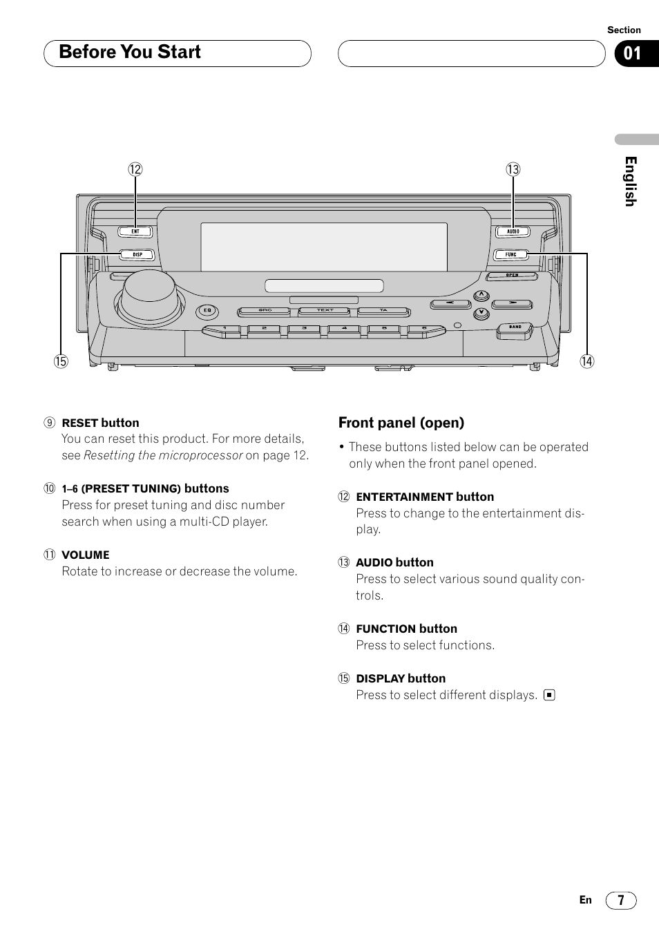 Front panel (open) 7, Before you start | Pioneer DEH-P8400MP User Manual | Page 7 / 132