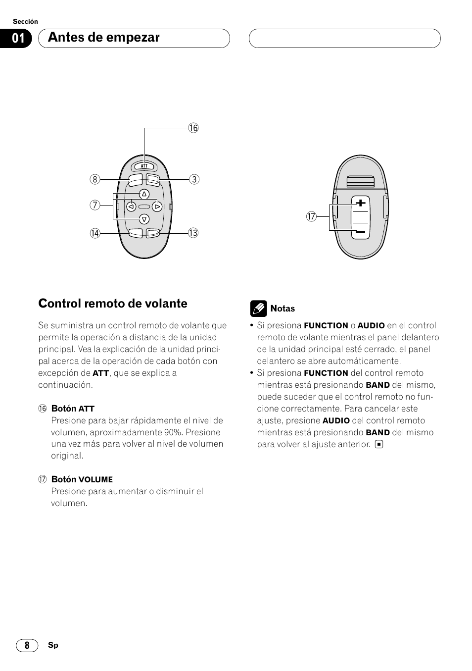 Control remoto de volante 8, Antes de empezar, Control remoto de volante | Pioneer DEH-P8400MP User Manual | Page 72 / 132