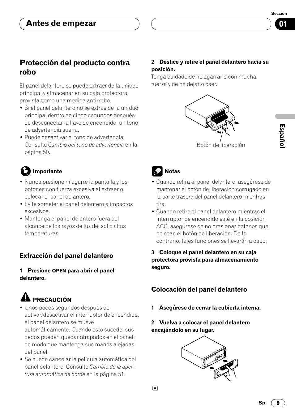 Protección del producto contra robo 9, 01 antes de empezar, Protección del producto contra robo | Pioneer DEH-P8400MP User Manual | Page 73 / 132