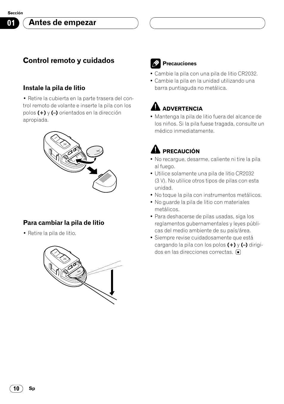 Control remoto y cuidados 10, Antes de empezar, Control remoto y cuidados | Pioneer DEH-P8400MP User Manual | Page 74 / 132