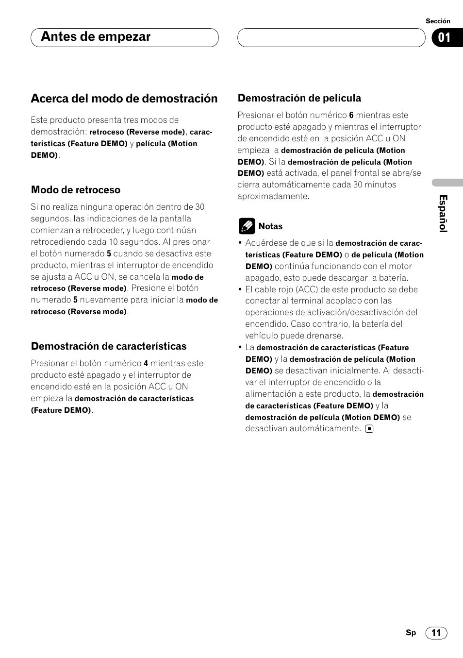 Acerca del modo de demostración 11, Antes de empezar, Acerca del modo de demostración | Pioneer DEH-P8400MP User Manual | Page 75 / 132