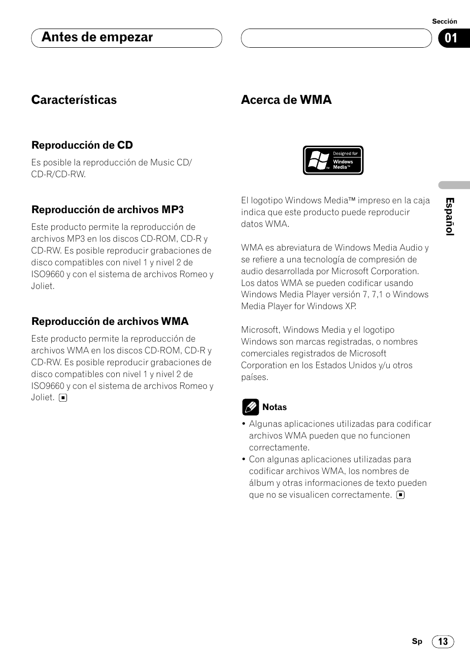 Características 13, Acerca de wma 13, Antes de empezar | Características, Acerca de wma | Pioneer DEH-P8400MP User Manual | Page 77 / 132