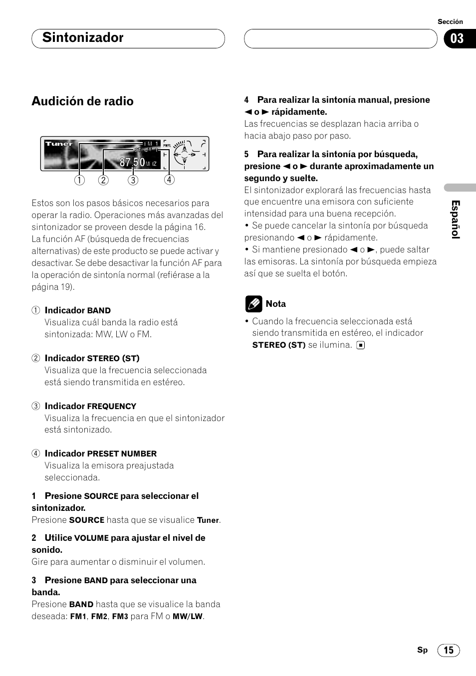 Audición de radio 15, Sintonizador, Audición de radio | Pioneer DEH-P8400MP User Manual | Page 79 / 132