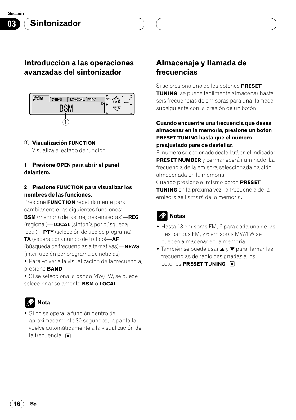 Introducción a las operaciones avanzadas, Del sintonizador 16, Almacenaje y llamada de frecuencias 16 | Sintonizador, Almacenaje y llamada de frecuencias | Pioneer DEH-P8400MP User Manual | Page 80 / 132