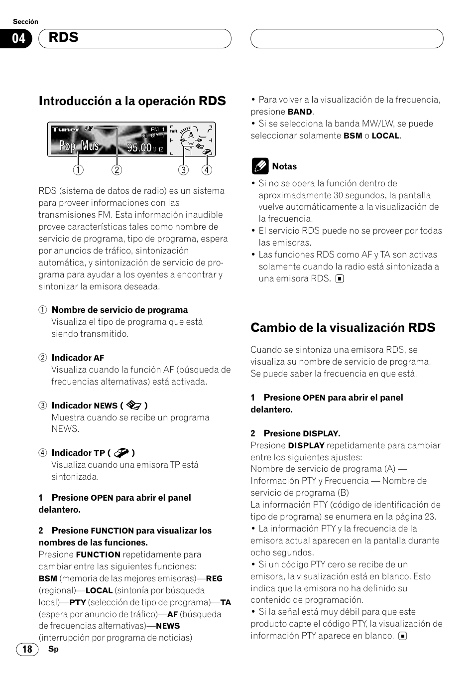 Introducción a la operación rds, Cambio de la visualización rds | Pioneer DEH-P8400MP User Manual | Page 82 / 132