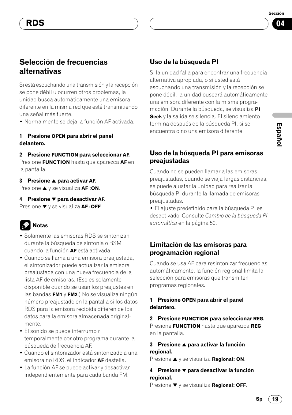 Selección de frecuencias alternativas 19, Preajustadas 19, Limitación de las emisoras para | Programación regional 19, 04 rds, Selección de frecuencias alternativas | Pioneer DEH-P8400MP User Manual | Page 83 / 132