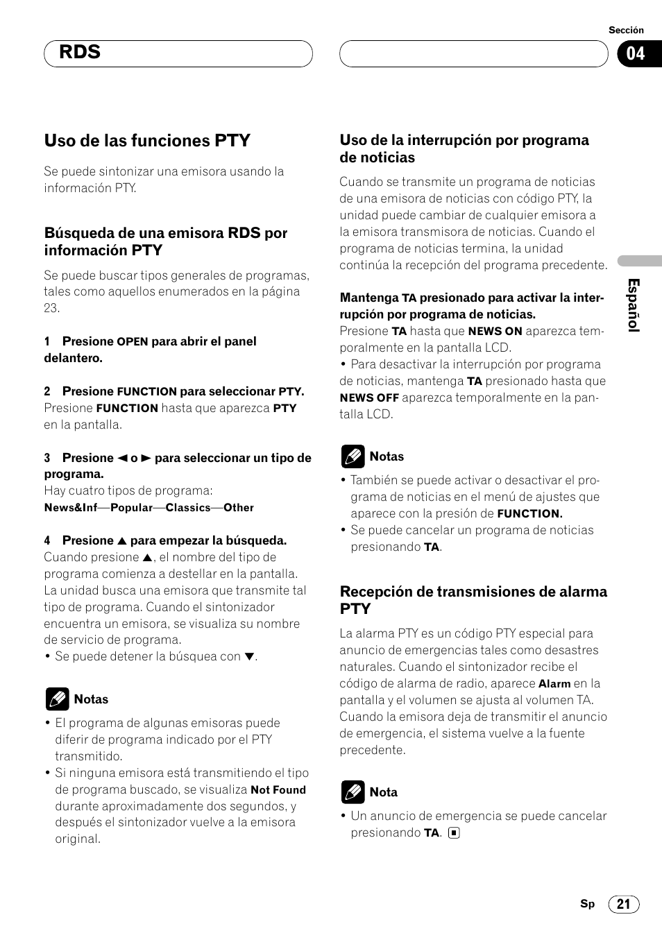 Uso de las funciones pty 21, Búsqueda de una emisora rds por, Información pty 21 | Uso de la interrupción por programa de, Noticias 21, Recepción de transmisiones de alarma, Pty 21, 04 rds, Uso de las funciones pty | Pioneer DEH-P8400MP User Manual | Page 85 / 132