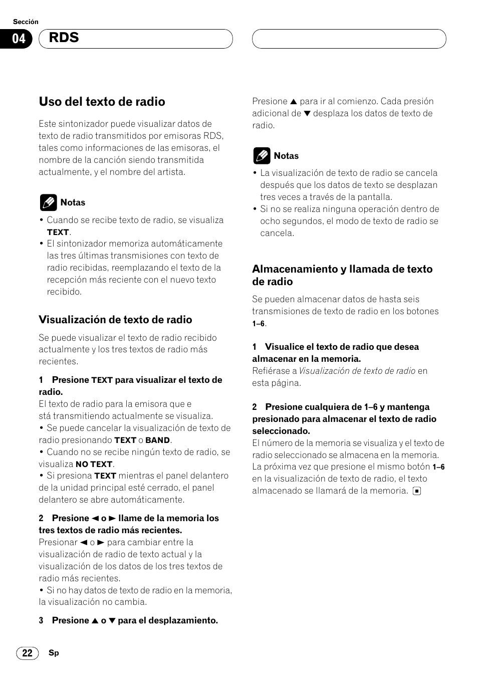 Uso del texto de radio 22, Radio 22, Uso del texto de radio | Pioneer DEH-P8400MP User Manual | Page 86 / 132