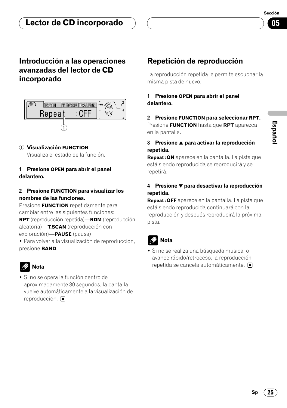 Introducción a las operaciones avanzadas, Del lector de cd incorporado 25, Repetición de reproducción 25 | Lector de cd incorporado, Repetición de reproducción | Pioneer DEH-P8400MP User Manual | Page 89 / 132