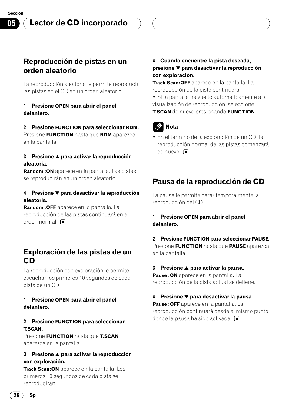 Reproducción de pistas en un orden, Aleatorio 26, Lector de cd incorporado | Reproducción de pistas en un orden aleatorio, Exploración de las pistas de un cd, Pausa de la reproducción de cd | Pioneer DEH-P8400MP User Manual | Page 90 / 132