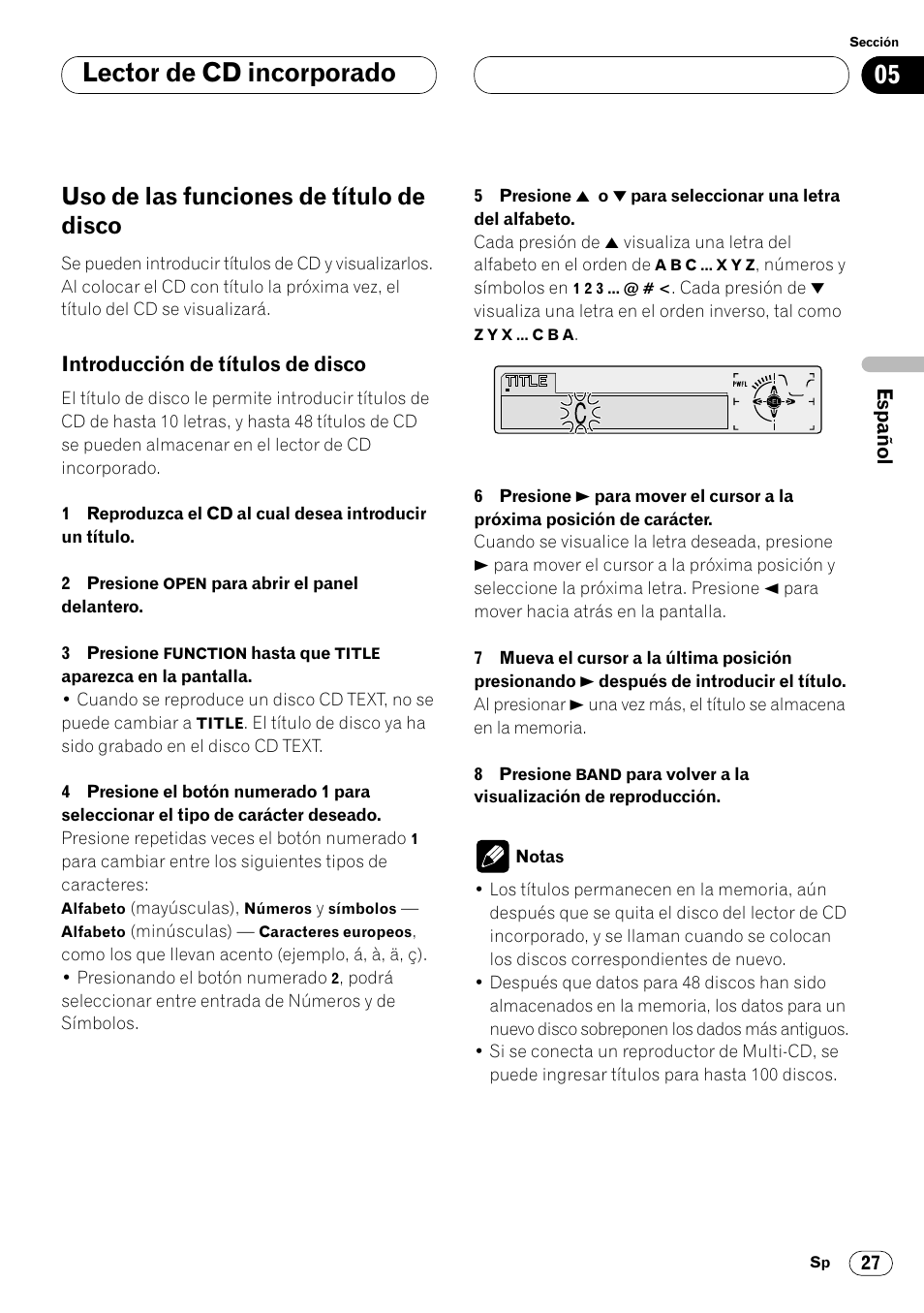 Uso de las funciones de título de disco 27, Introducción de títulos de disco 27, Lector de cd incorporado | Uso de las funciones de título de disco | Pioneer DEH-P8400MP User Manual | Page 91 / 132