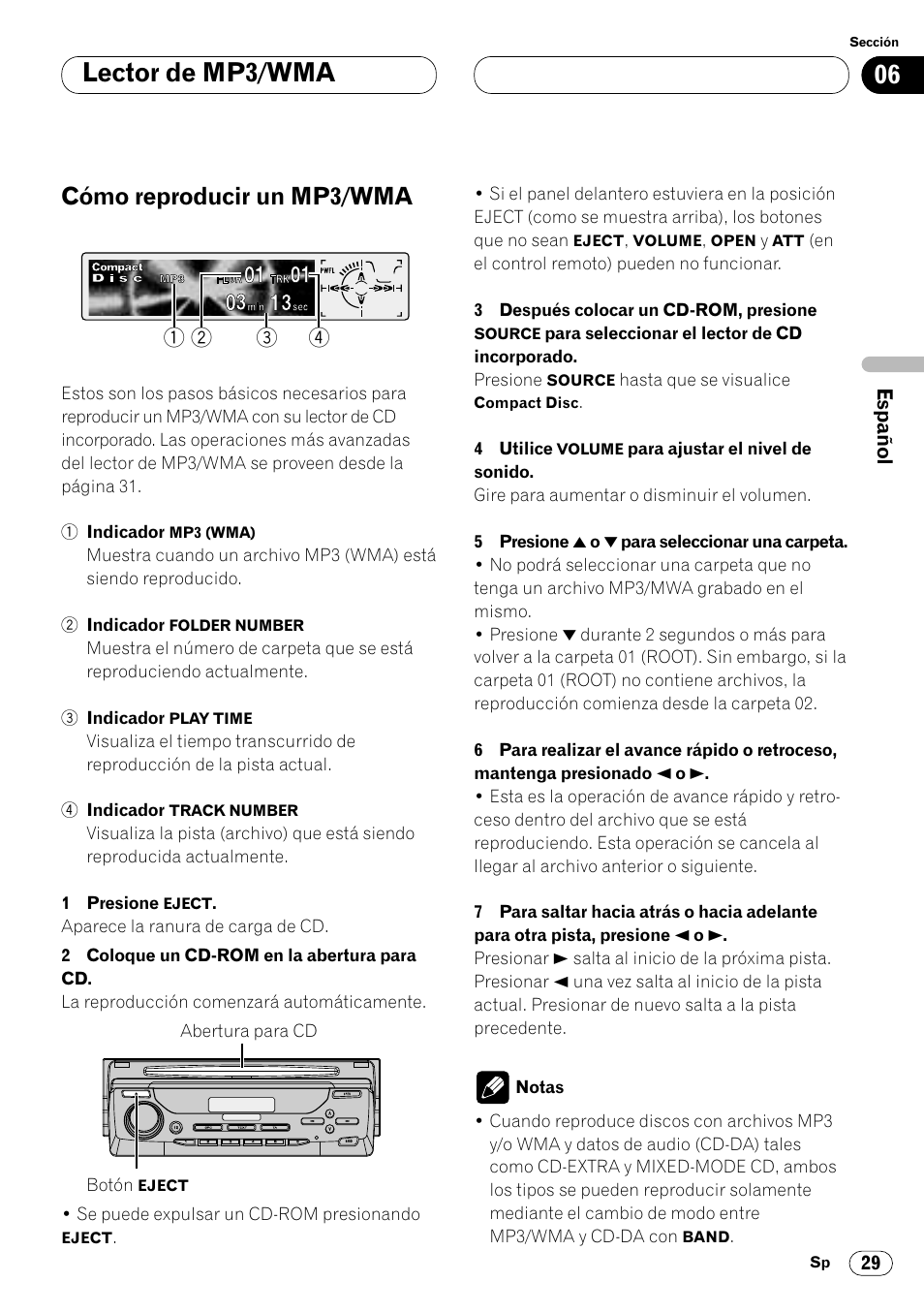 Cómo reproducir un mp3/wma 29, 06 lector de mp3/wma, Cómo reproducir un mp3/wma | Pioneer DEH-P8400MP User Manual | Page 93 / 132