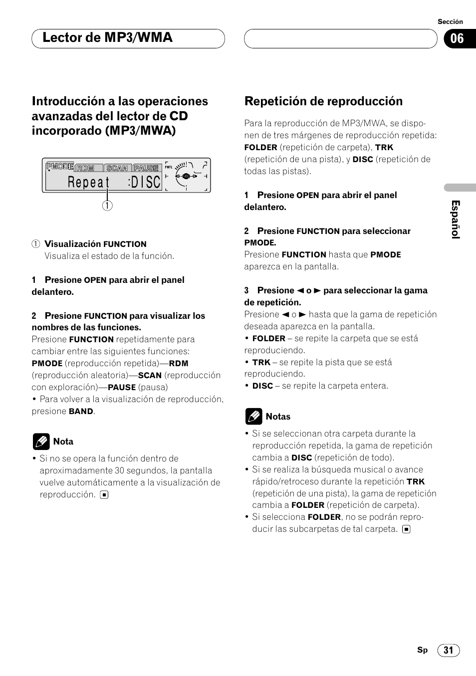 Introducción a las operaciones avanzadas, Del lector de cd incorporado (mp3/wma) 31, Repetición de reproducción 31 | 06 lector de mp3/wma, Repetición de reproducción | Pioneer DEH-P8400MP User Manual | Page 95 / 132