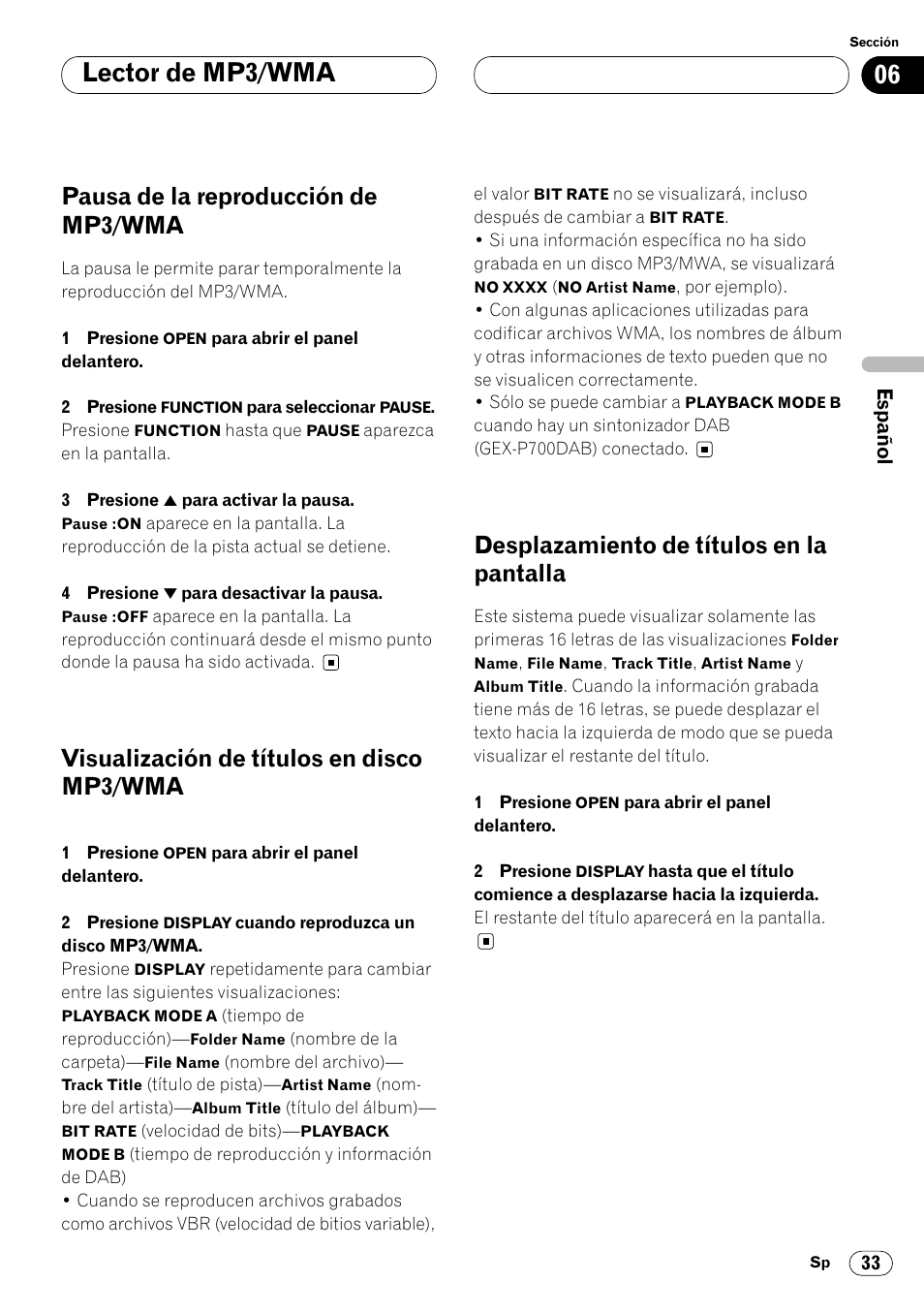 Mp3/wma 33, Desplazamiento de títulos en la pantalla 33, Lector de mp3/wma | Pausa de la reproducción de mp3/wma, Visualización de títulos en disco mp3/wma, Desplazamiento de títulos en la pantalla | Pioneer DEH-P8400MP User Manual | Page 97 / 132
