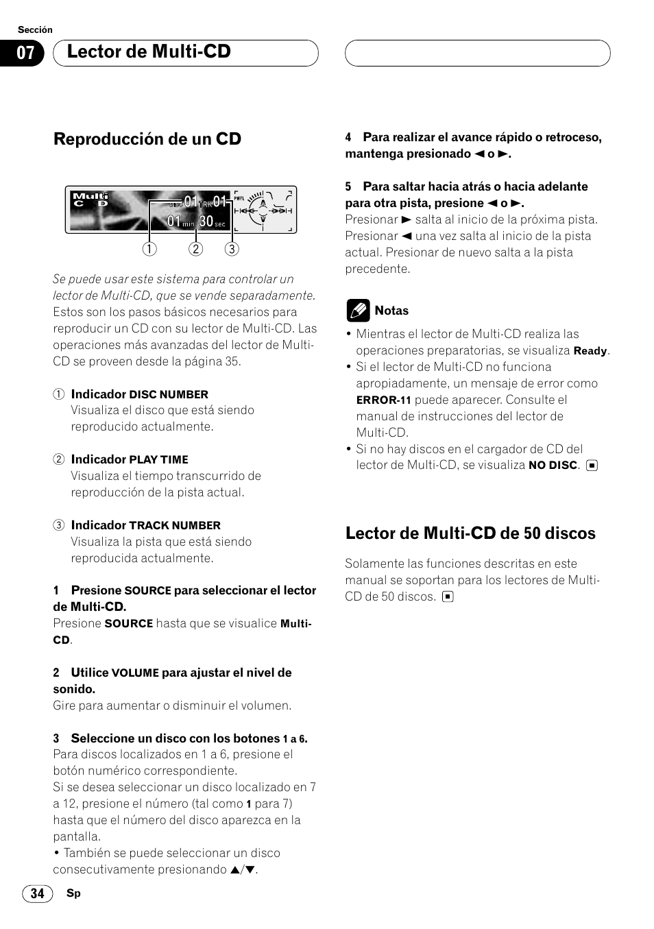 Lector de multi-cd, Reproducción de un cd, Lector de multi-cd de 50 discos | Pioneer DEH-P8400MP User Manual | Page 98 / 132