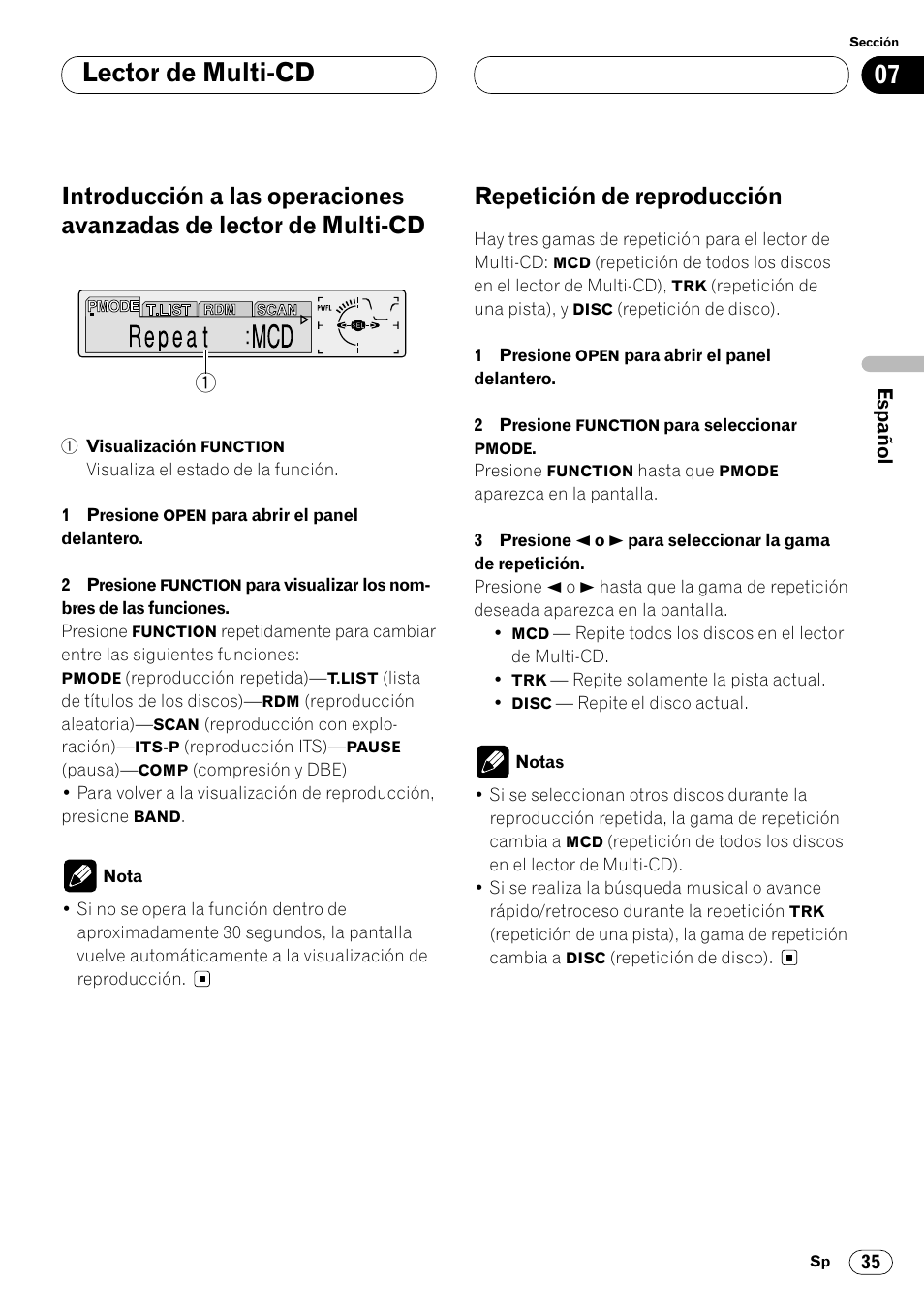 Introducción a las operaciones avanzadas, De lector de multi-cd 35, Repetición de reproducción 35 | Lector de multi-cd, Repetición de reproducción | Pioneer DEH-P8400MP User Manual | Page 99 / 132