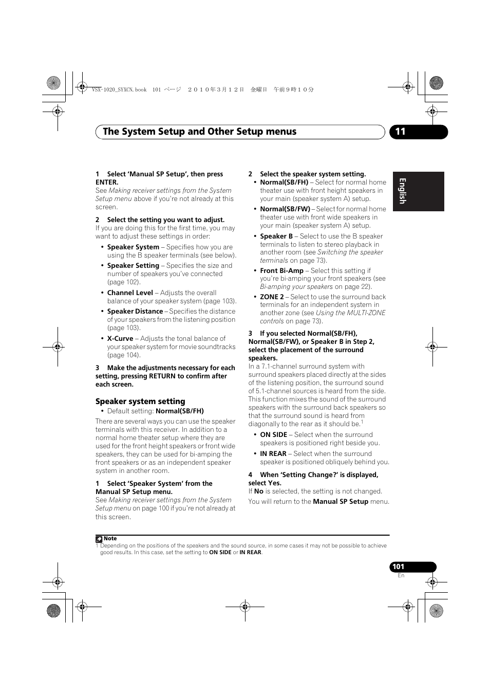 1 select ‘manual sp setup’, then press enter, 2 select the setting you want to adjust, Speaker system setting | 2 select the speaker system setting, 4 when ‘setting change?’ is displayed, select yes, The system setup and other setup menus 11 | Pioneer VSX-920-K User Manual | Page 101 / 400