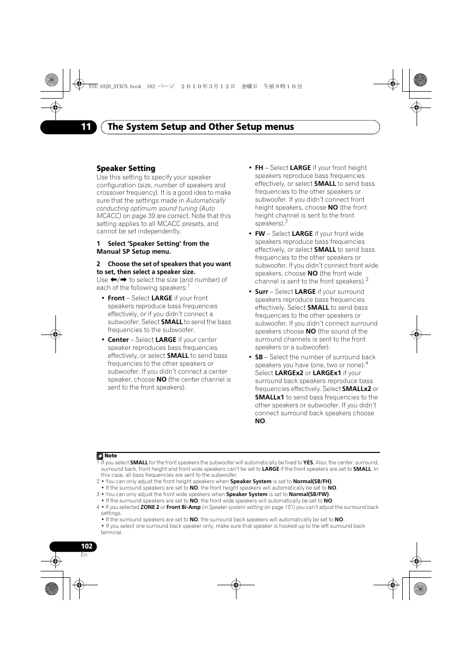 Speaker setting, The system setup and other setup menus 11 | Pioneer VSX-920-K User Manual | Page 102 / 400