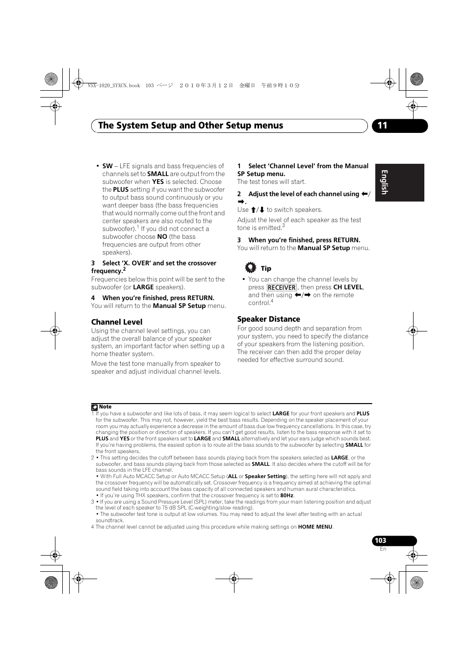 3 select ‘x. over’ and set the crossover frequency, 4 when you’re finished, press return, Channel level | 2 adjust the level of each channel using k/ l, 3 when you’re finished, press return, Speaker distance, The system setup and other setup menus 11 | Pioneer VSX-920-K User Manual | Page 103 / 400