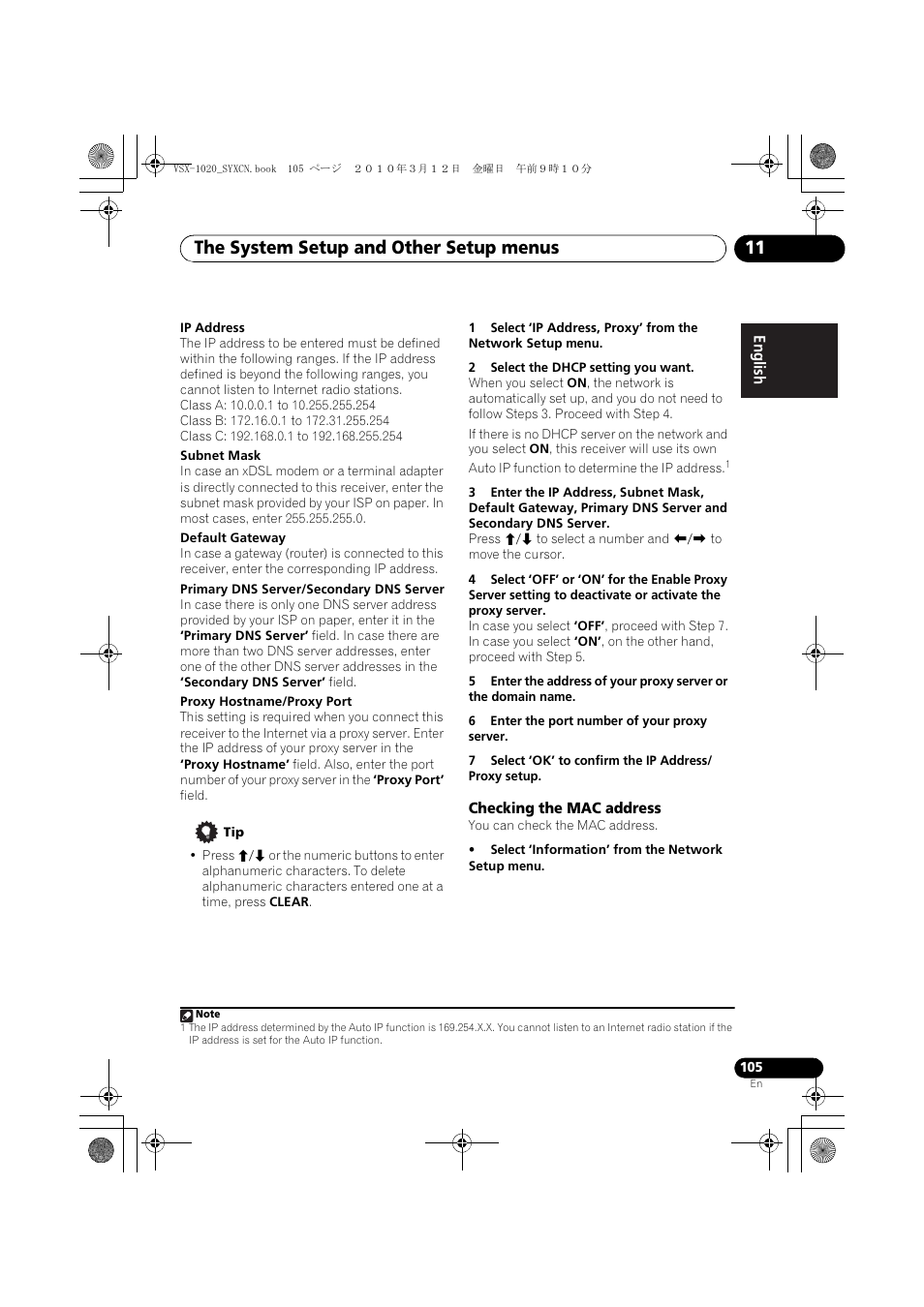 2 select the dhcp setting you want, 6 enter the port number of your proxy server, Checking the mac address | Select ‘information’ from the network setup menu, The system setup and other setup menus 11 | Pioneer VSX-920-K User Manual | Page 105 / 400