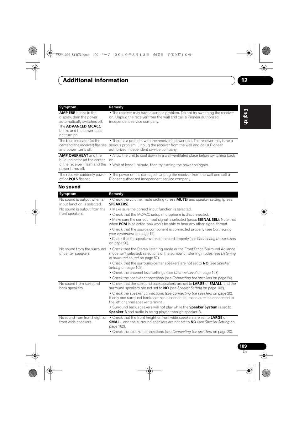 No sound, Additional information 12 | Pioneer VSX-920-K User Manual | Page 109 / 400