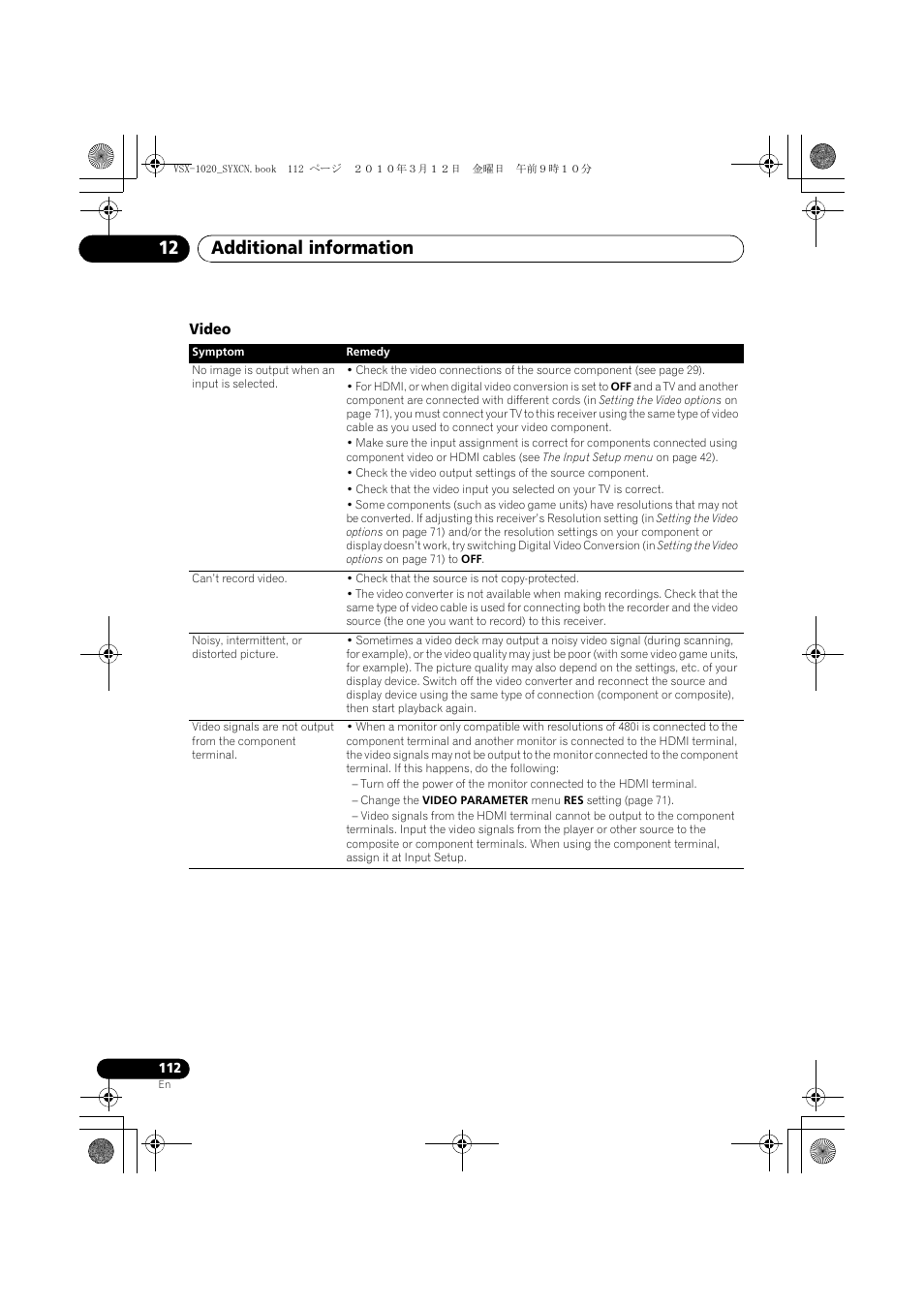 Video, Additional information 12 | Pioneer VSX-920-K User Manual | Page 112 / 400