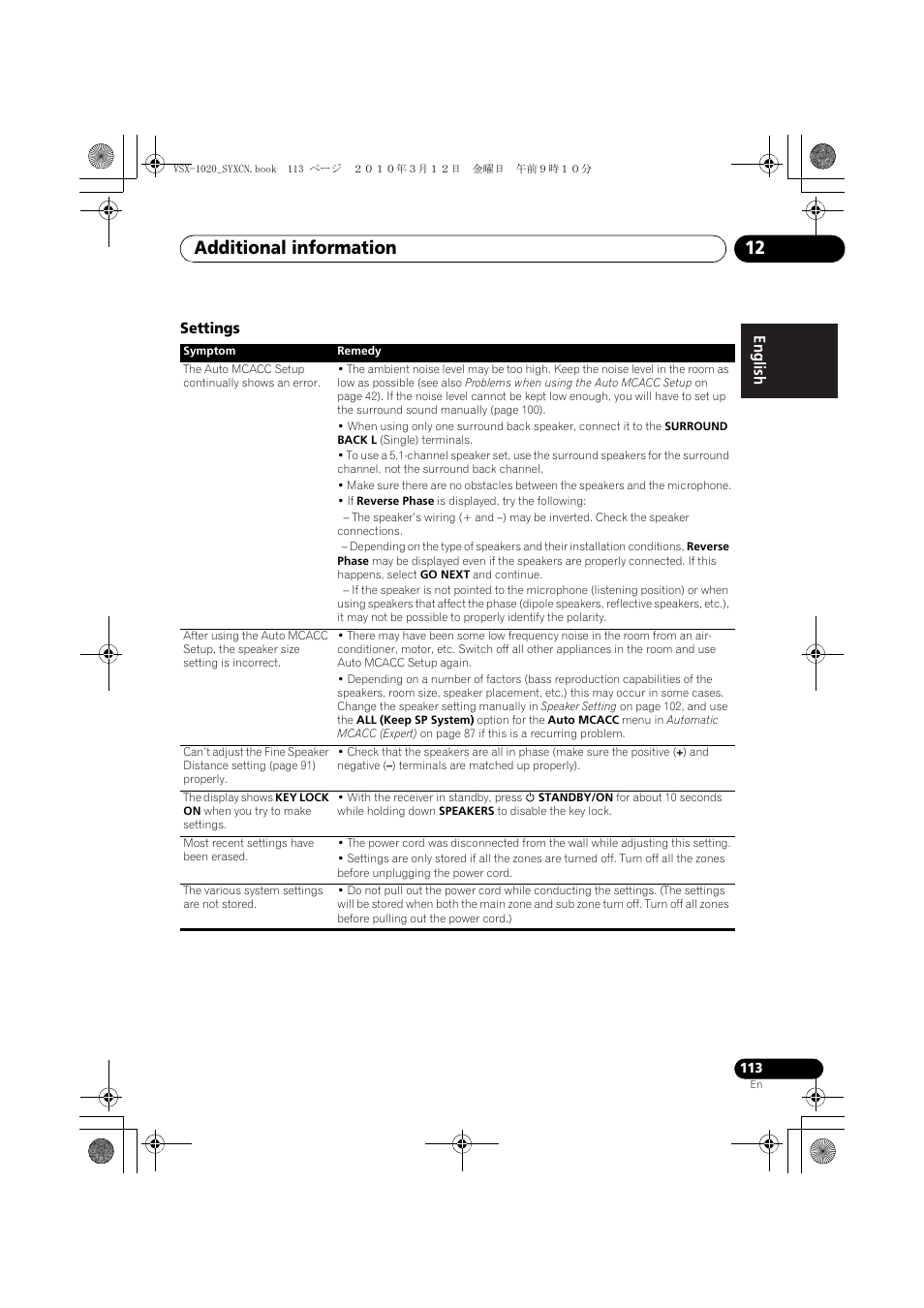Settings, Additional information 12 | Pioneer VSX-920-K User Manual | Page 113 / 400