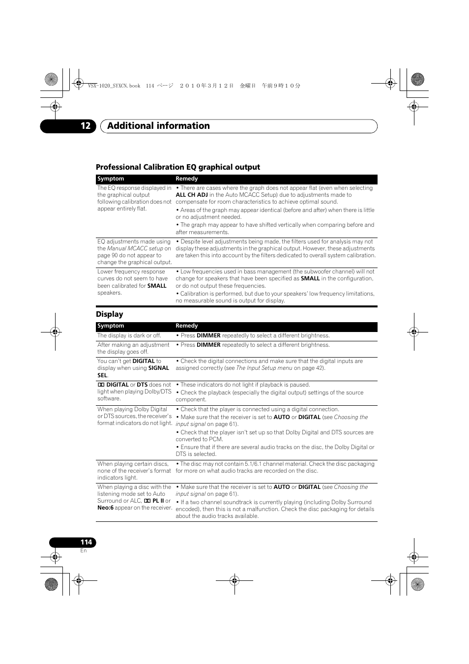 Professional calibration eq graphical output, Display, Additional information 12 | Pioneer VSX-920-K User Manual | Page 114 / 400