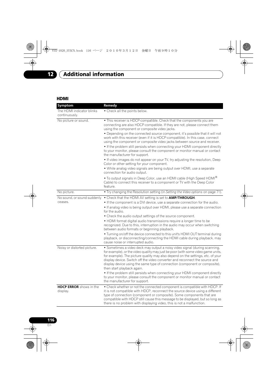 Hdmi, Additional information 12 | Pioneer VSX-920-K User Manual | Page 116 / 400
